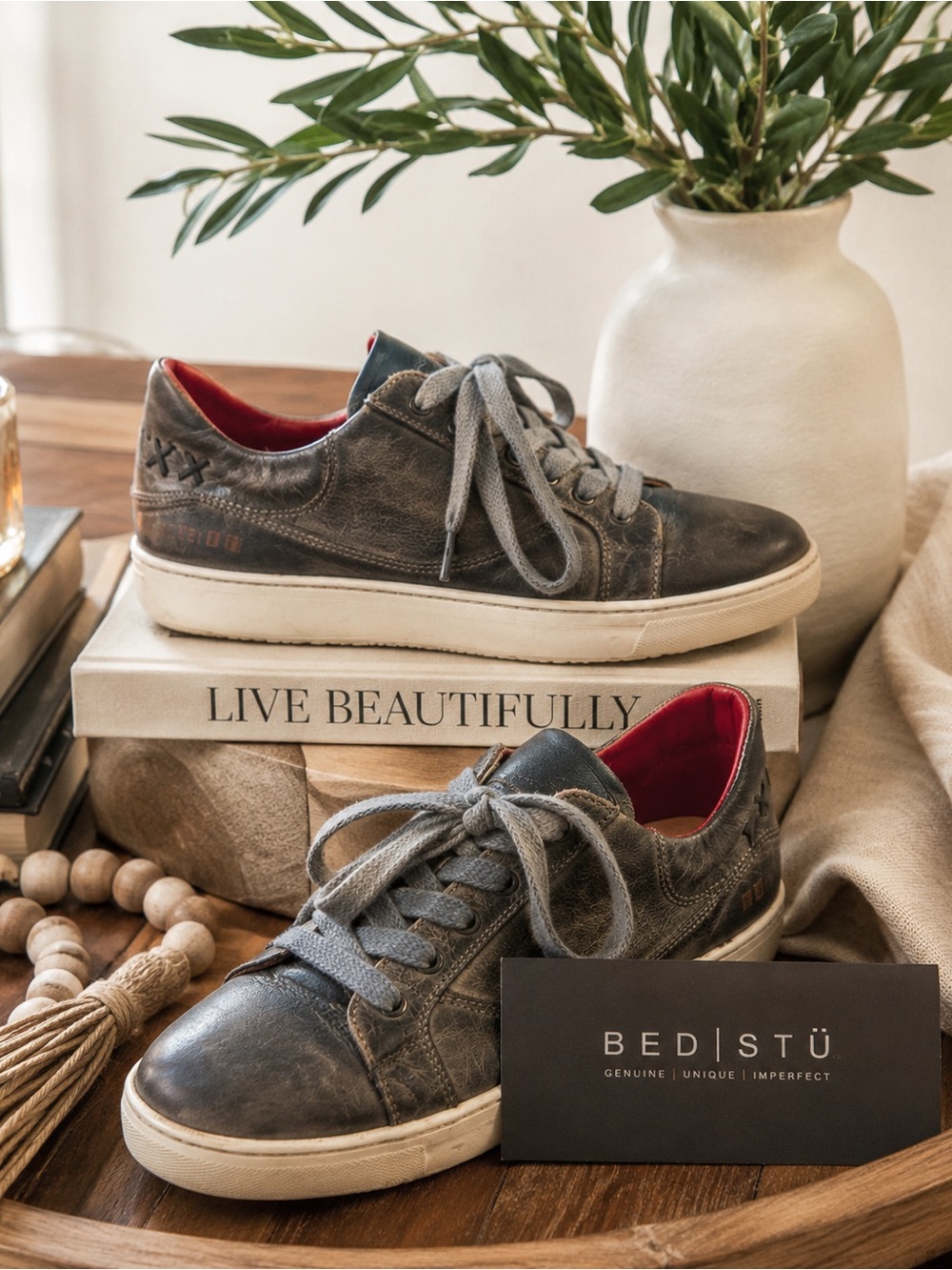 BED|STU Gray Leather Sneakers with Red Interior